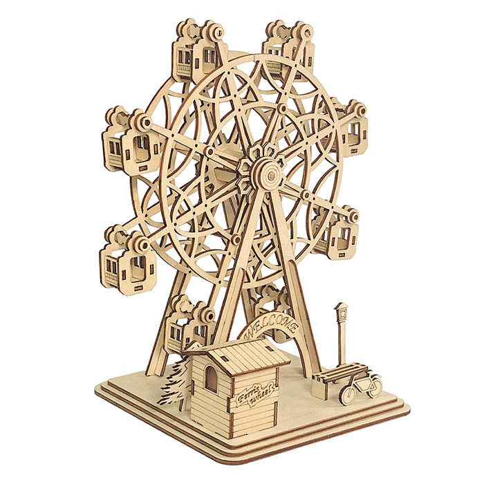 Maqueta de Madera 3D, con movimiento mecánico diseño de Noria Feliz. 117 piezas.