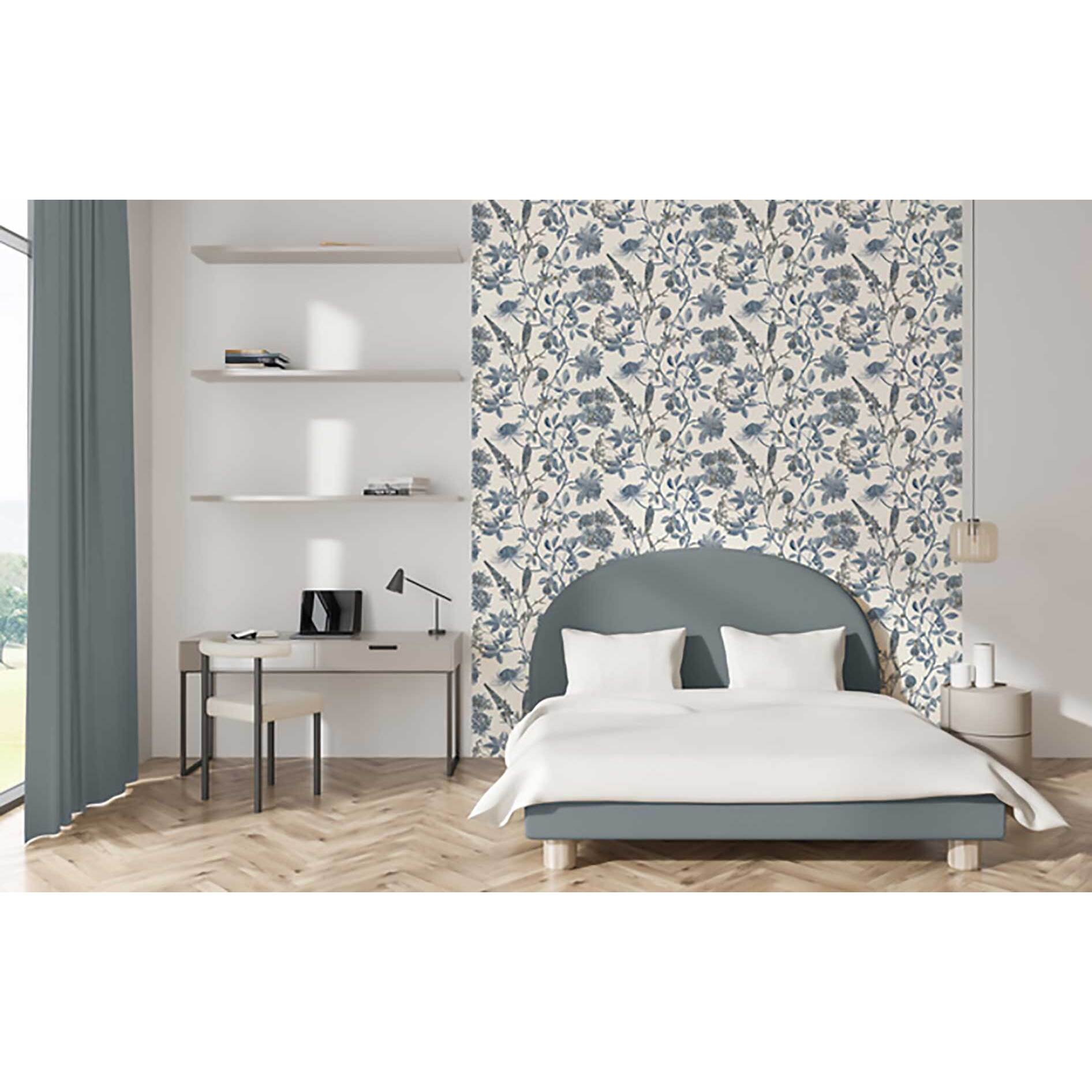 Papier peint floral botanique bleu indigo fond blanc