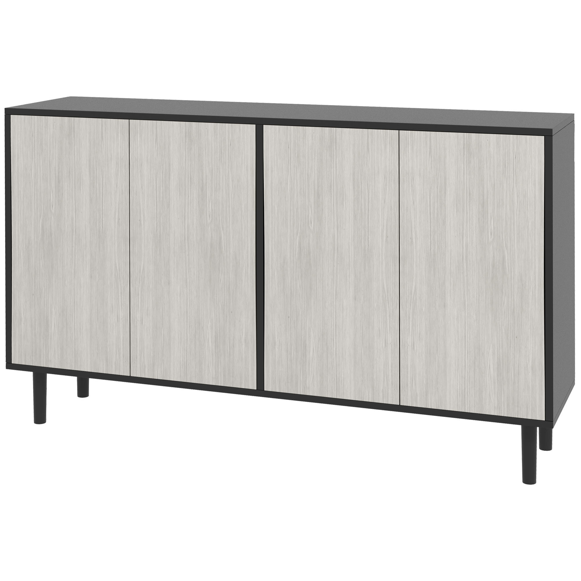 Buffet design contemporain - 4 portes, 2 étagères - dim. 121L x 37l x 75H cm - piètement effilé pin noir aspect bois gris