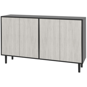 Buffet design contemporain - 4 portes, 2 étagères - dim. 121L x 37l x 75H cm - piètement effilé pin noir aspect bois gris