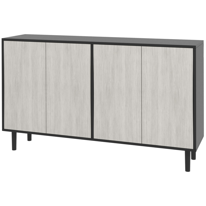 Buffet design contemporain - 4 portes, 2 étagères - dim. 121L x 37l x 75H cm - piètement effilé pin noir aspect bois gris