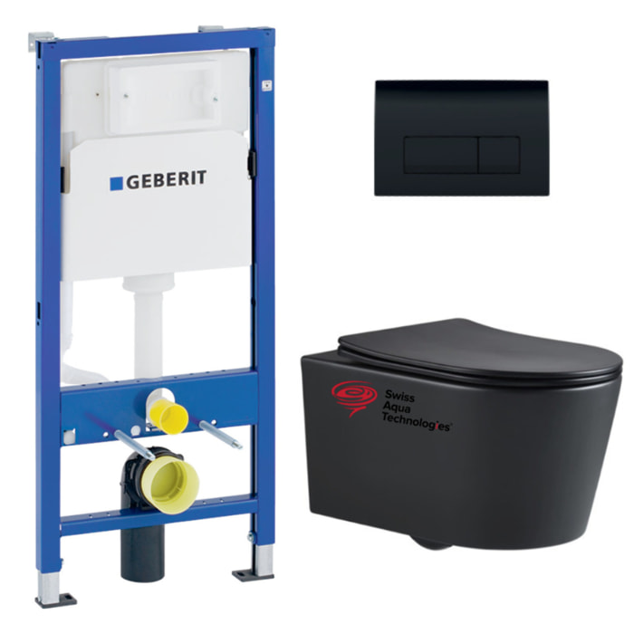 Pack WC bati-support Geberit + WC Swiss Aqua Technologies sans bride + abattant SoftClose + plaque noire (BLSATGEB7)