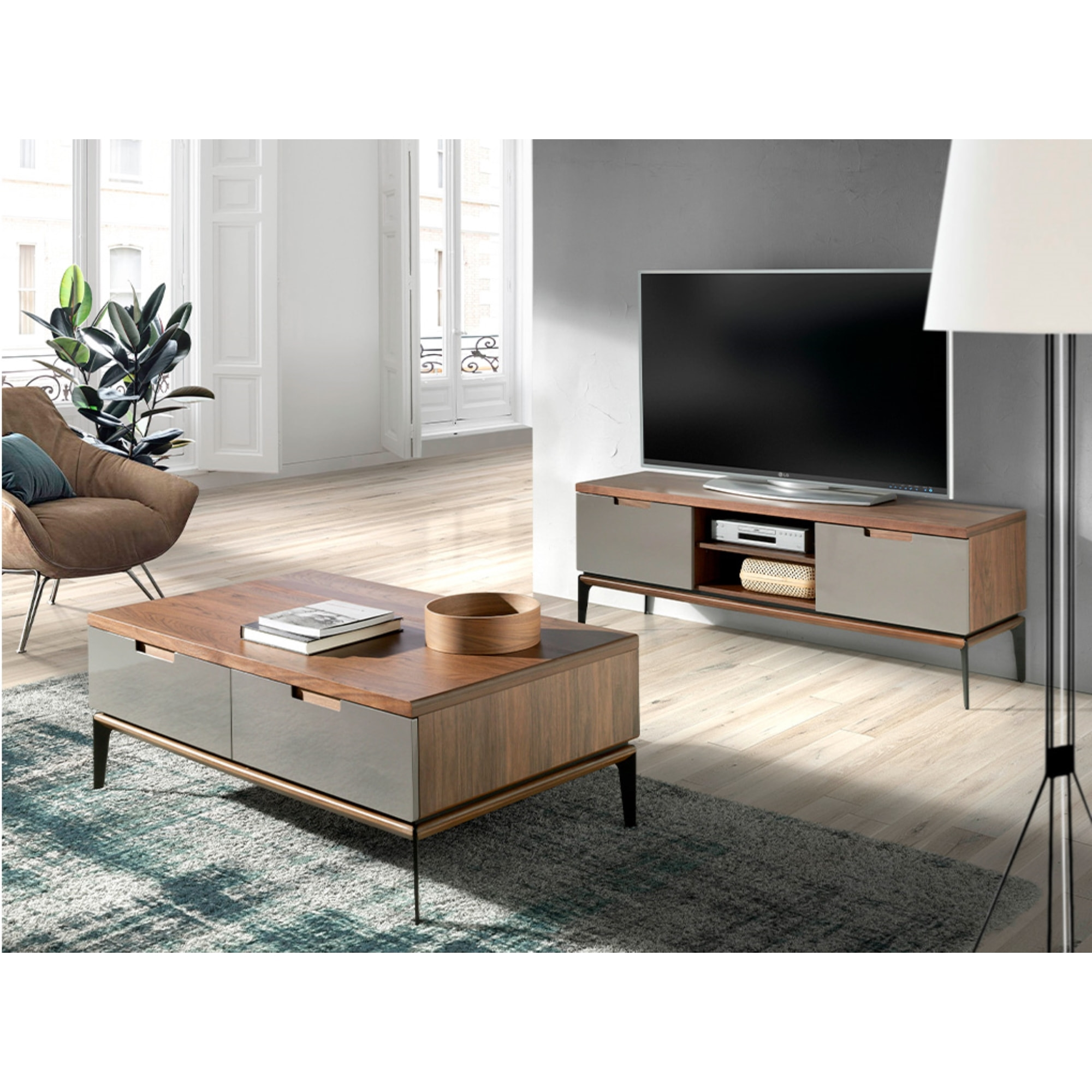 Mueble TV – Crema mate y nogal