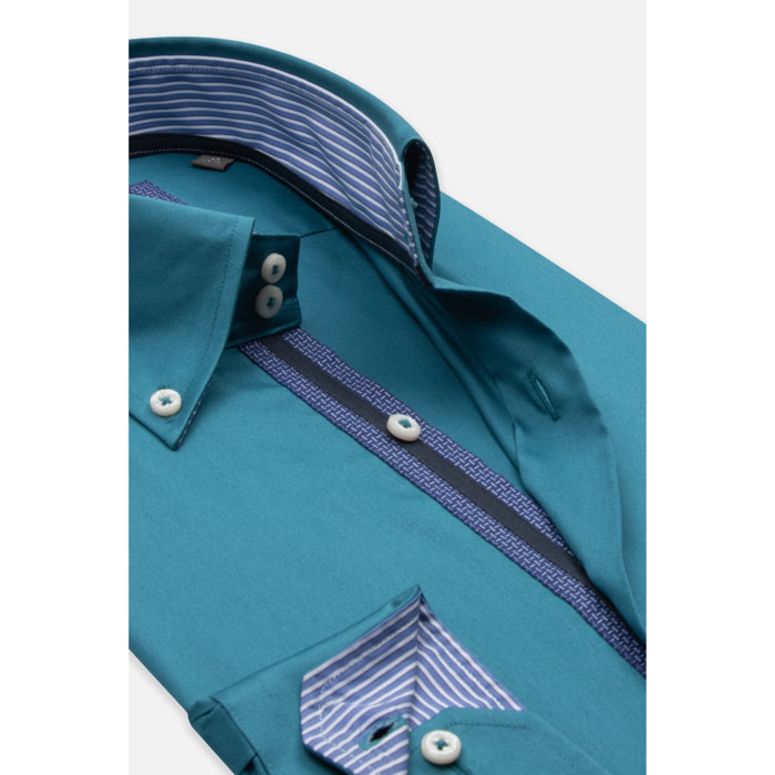 Camicia Uomo 2 Bottoni Button Down Slim Satin Unito Verde Ottanio