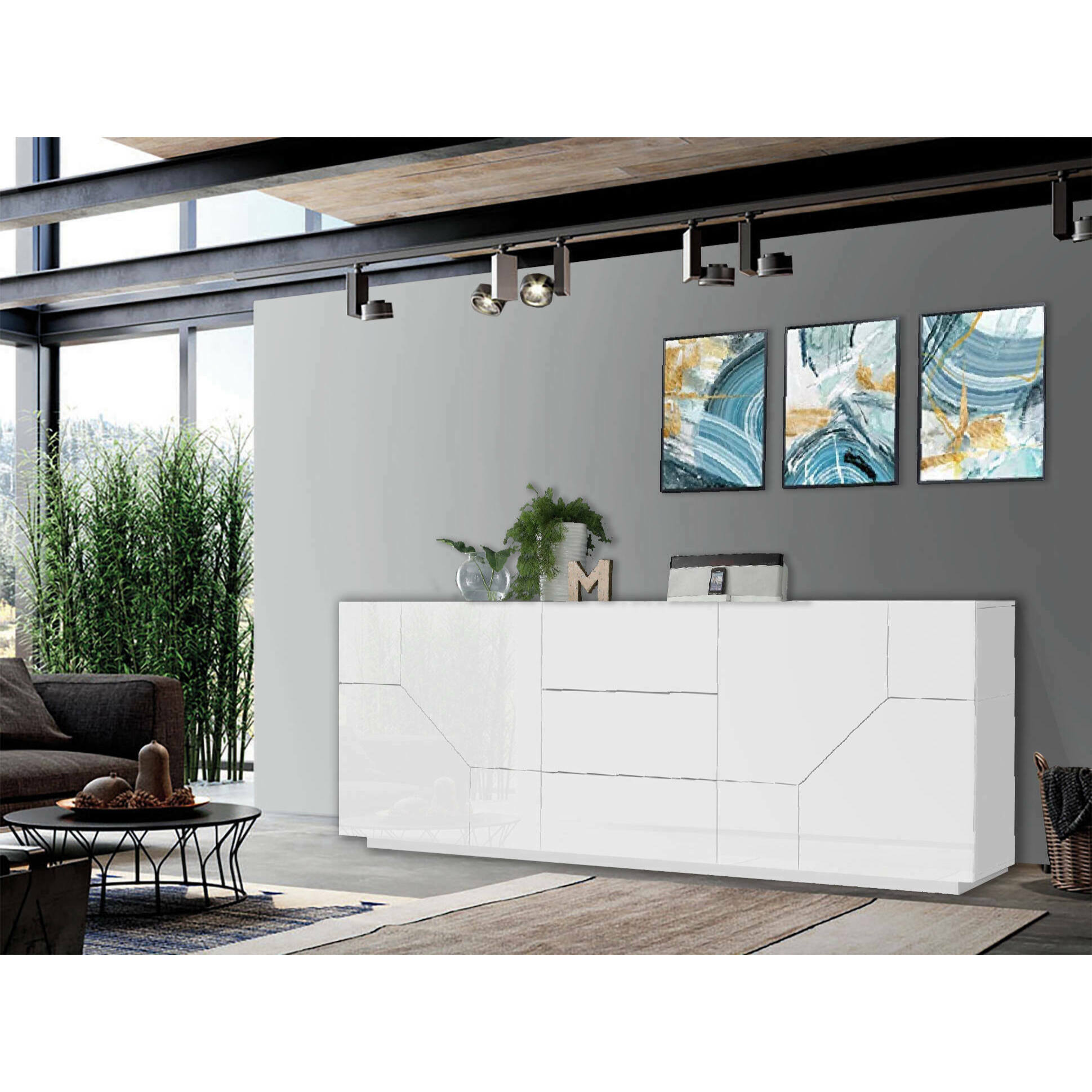 Credenza moderna a 4 ante geometriche e 3 cassetti, Made in Italy, Madia da cucina, Buffet di design da soggiorno, Cm 220x43h86, Bianco lucido