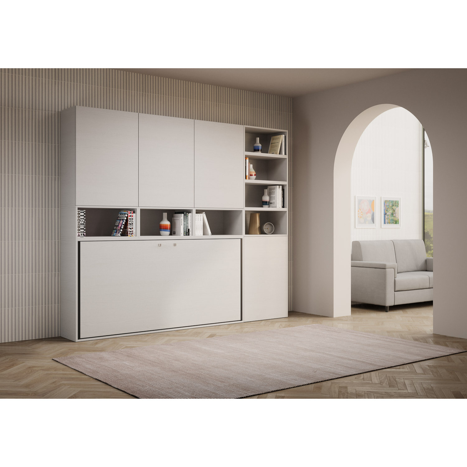 Armoire lit escamotable horizontal 1 couchage 85 Kando avec matelas composition E Frêne Blanc