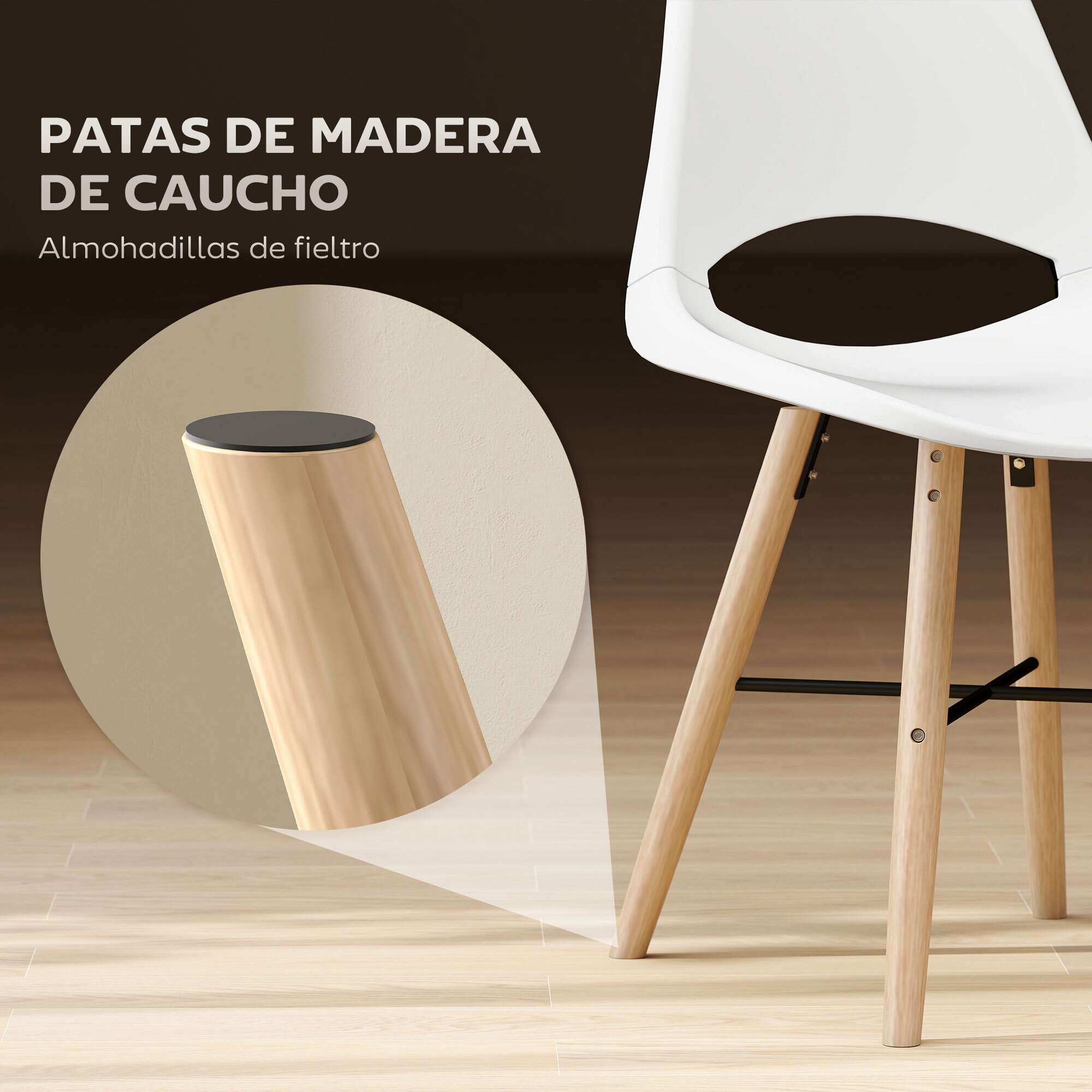 Pack de 2 Sillas de Comedor de Plástico Sillas de Cocina Modernas con Respaldo Curvado y Patas de Madera de Caucho Carga 120 kg para Sala de Estar Dormitorio Blanco
