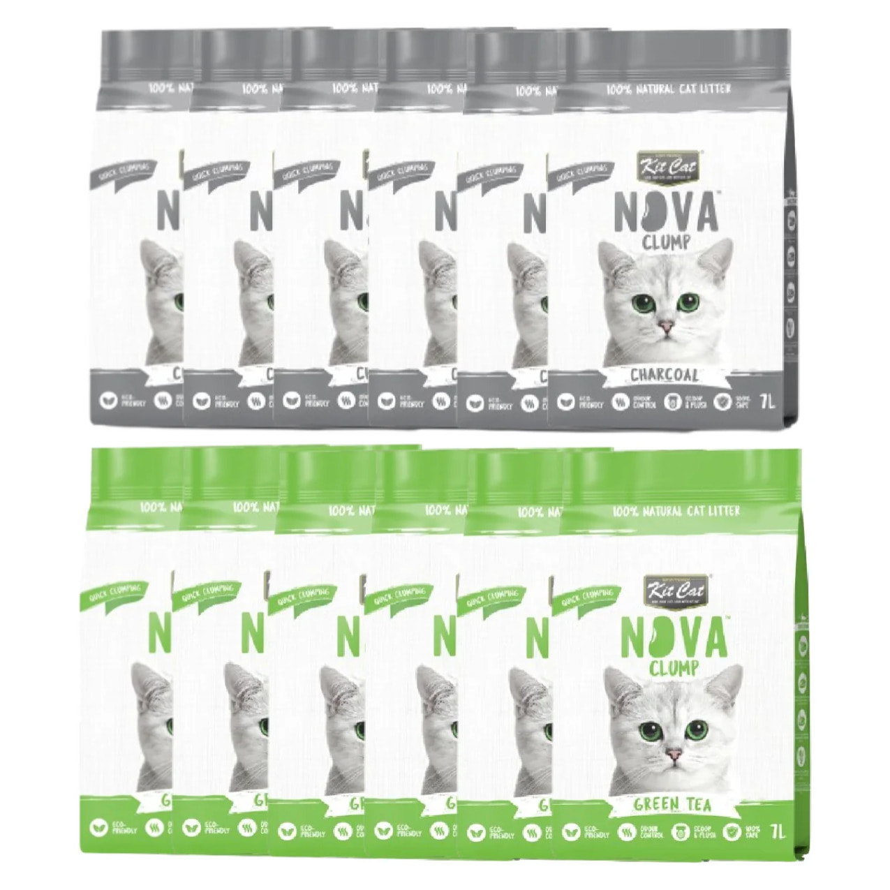 Kit Cat Nova Pack Ahorro Control Olores 12 - (6 Green Tea - 6 Charcoal) 7 L Arena Vegetal para gatos