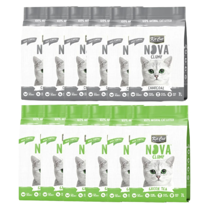 Kit Cat Nova Pack Ahorro Control Olores 12 - (6 Green Tea - 6 Charcoal) 7 L Arena Vegetal para gatos