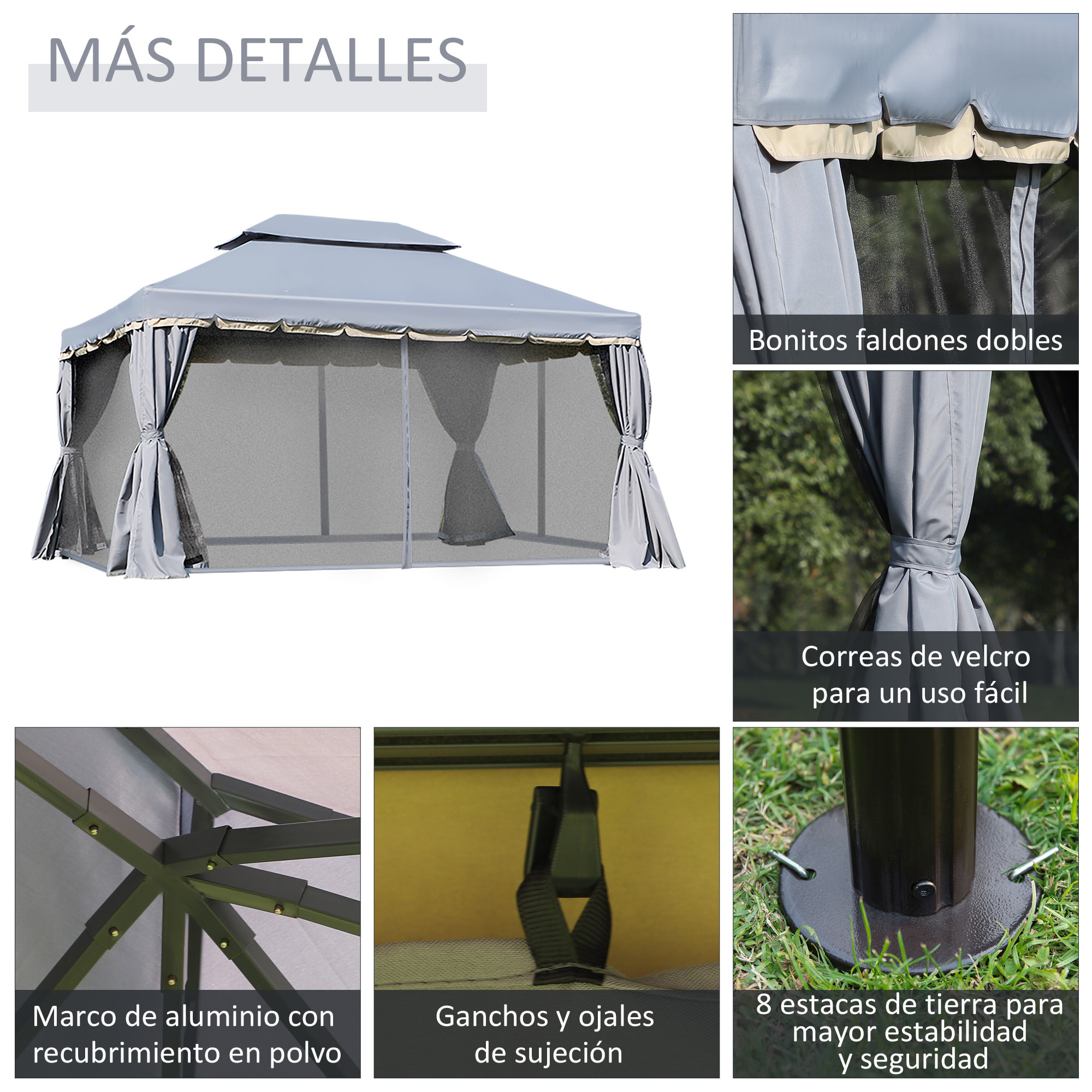 de Jardín 4x3 m, Pabellón de Jardín Gazebo con Doble Techo, 4 Cortinas y Mosquitera, Marco de Aluminio, Orificios de Drenaje, UPF50+, Carpa para Exterior, Terraza, Patio, Gris