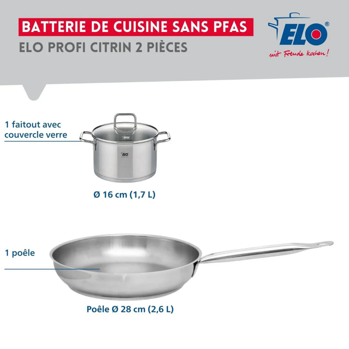 Ensemble de 1 Poêle de cuisson 28 cm et 1 faitout 16 cm Elo Profi Citrin