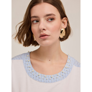 Motivi - T-shirt bimaterica con ricamo di perle - Bianco