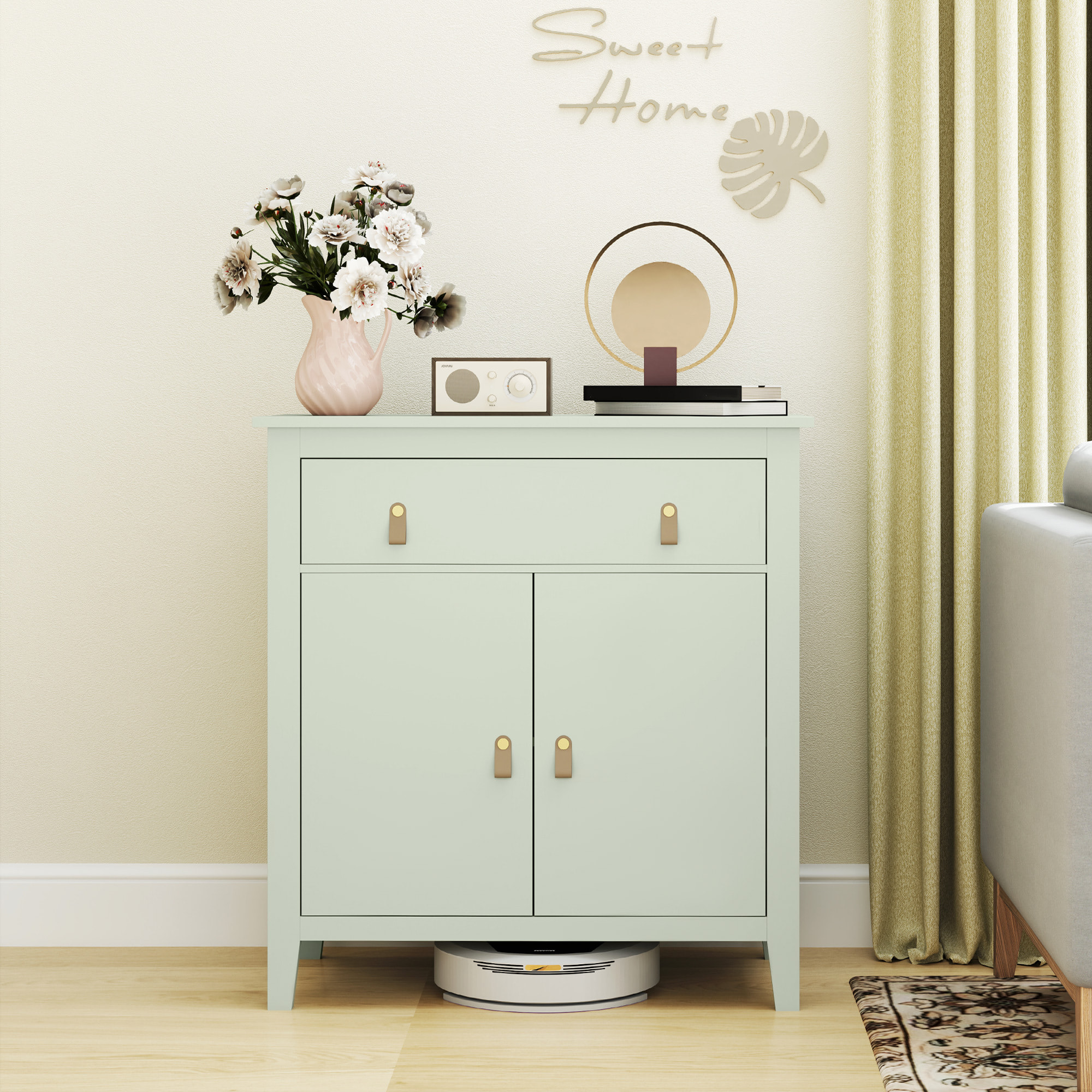 Aparador de 2 Puertas Aparador de Salón Moderno con Cajón Estante Ajustable y Tiradores de PU Mueble Auxiliar para Comedor Pasillo 80x40x90 cm Verde Claro