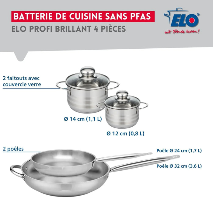 Ensemble de 2 Poêles de cuisson 24 et 32 cm et 2 faitouts 12 et 14 cm Elo Profi Brillant