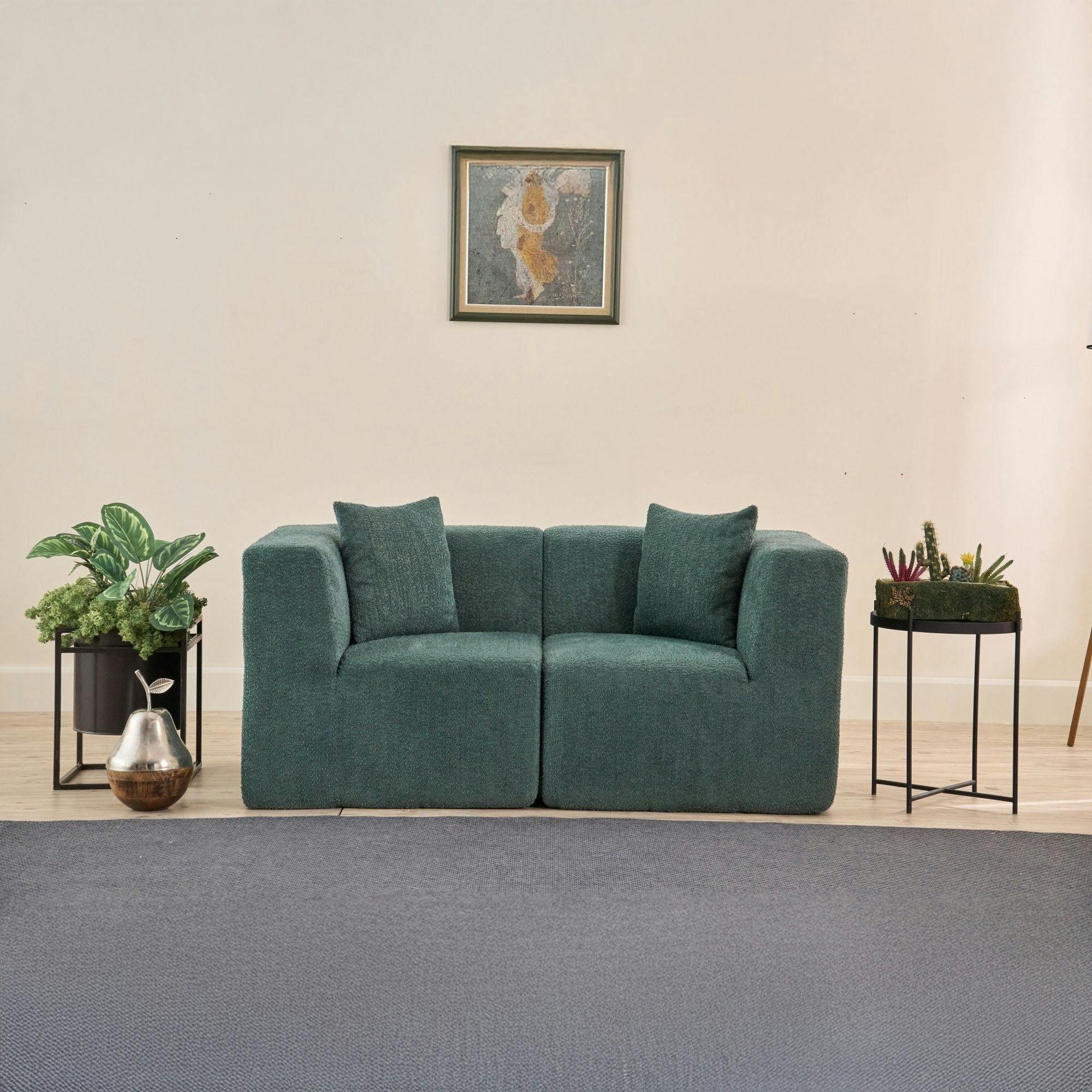 Canapé 2 places compact vert tissu chenille PLOVIA