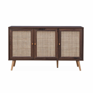 Buffet scandinave décor bois et cannage 3 portes 120cm BOHÈME