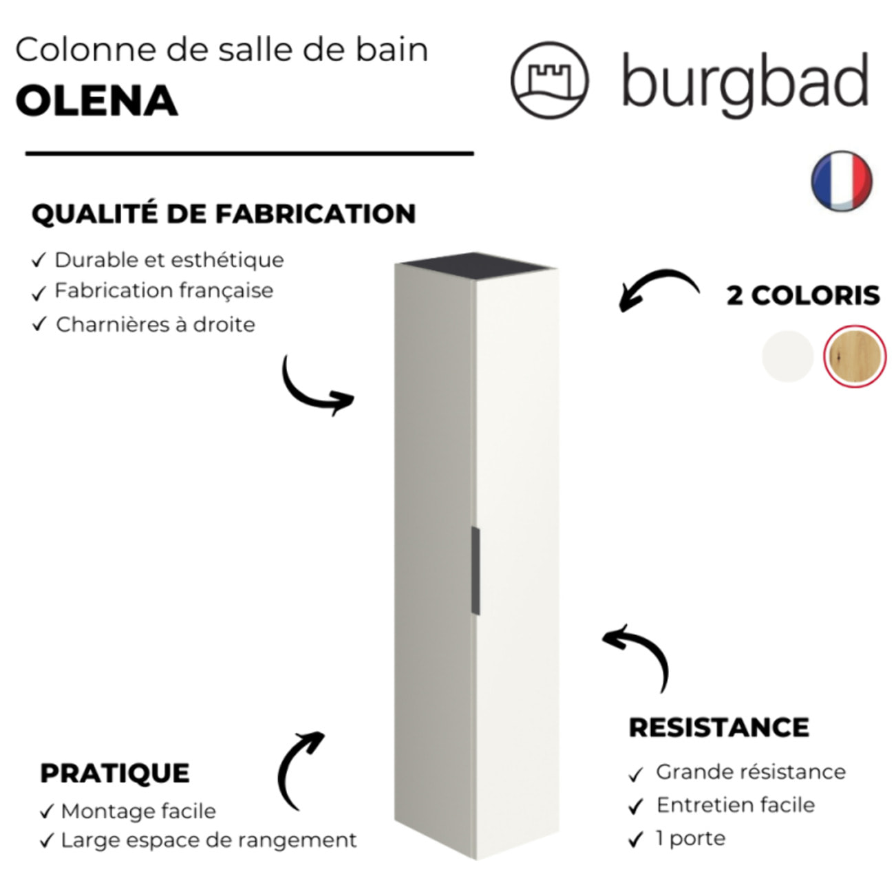 Colonne de salle de bain BURGBAD Olena 1 porte  blanc brillant