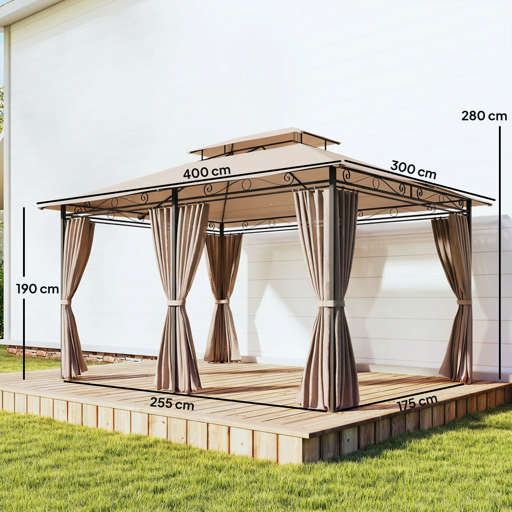 Cenador para Jardín 3x4 m, Pabellón de Jardín, Gazebo con Doble Techo, 6 Paredes Laterales, Estructura Metálica, Drenaje, Carpa para Exterior, Terraza, Patio, Caqui