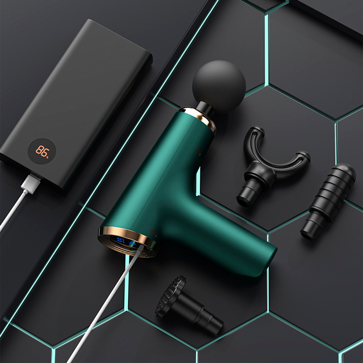 Mini pistola fascia per massaggio muscolare con 6 intensità e 4 teste di massaggio.