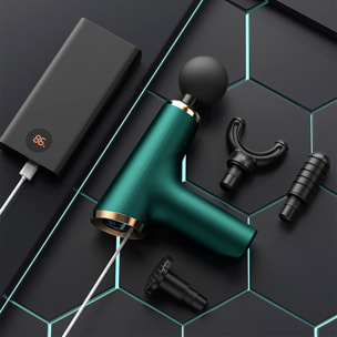 Mini pistola fascia per massaggio muscolare con 6 intensità e 4 teste di massaggio.