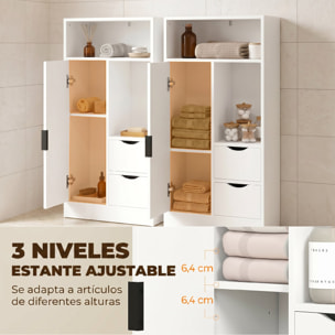 Mueble de Baño Estrecho Armario de Baño con 2 Cajones Compartimento Abierto y Estante Ajustable para Espacio Pequeño Cocina Salón 50x25x100 cm Blanco