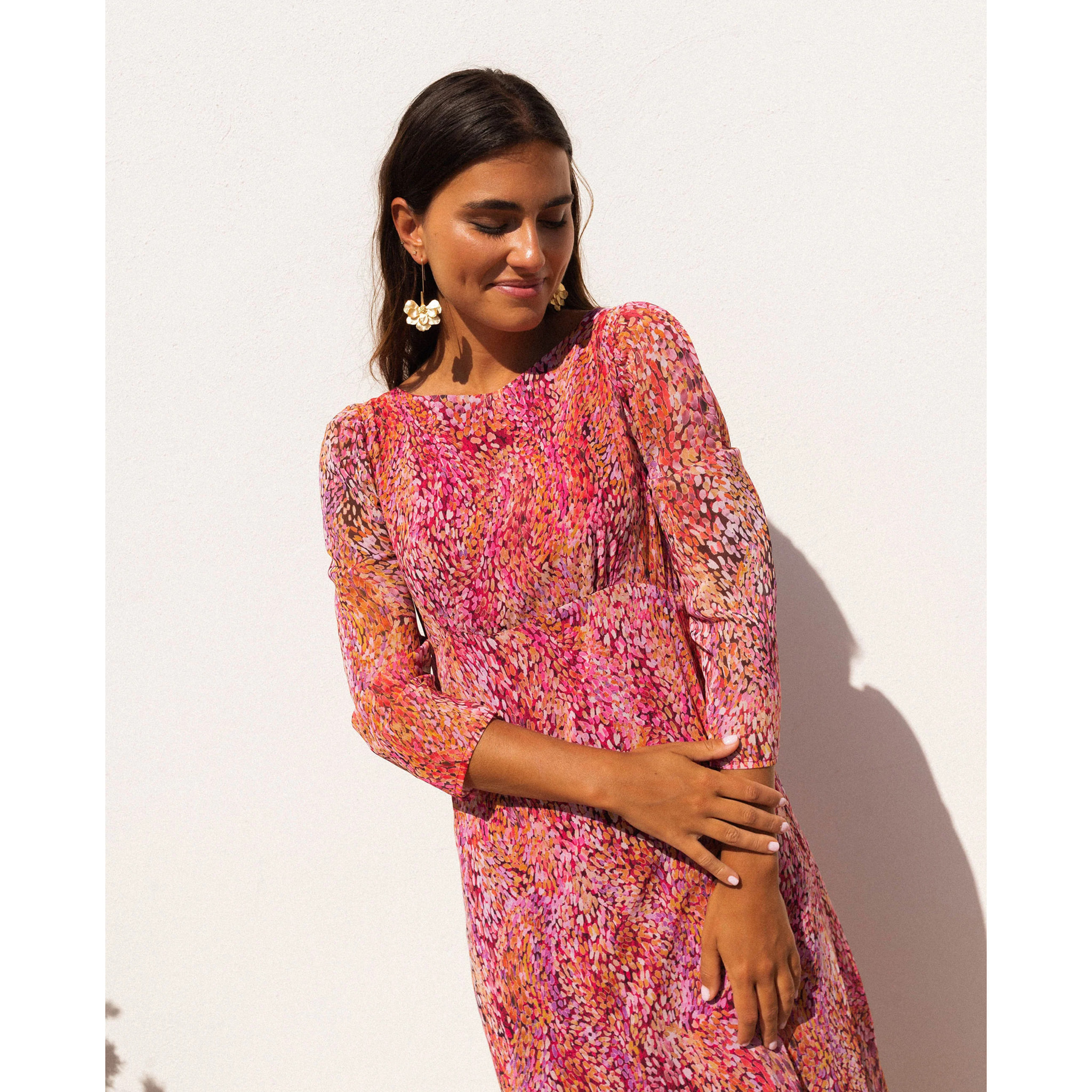 Vestido midi estampado con manga larga