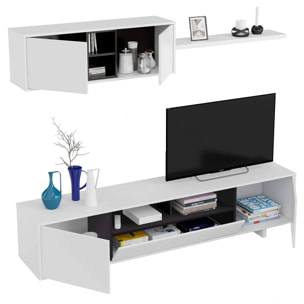 Parete attrezzata Hartford, Mobile da soggiorno porta TV, Composizione set salotto, Set salotto con pensile, cm 260x41h46, Bianco lucido