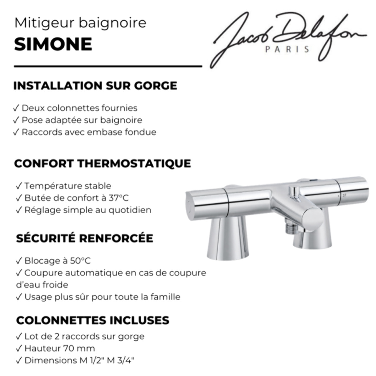 Mitigeur baignoire thermostatique Simone chromé avec colonnettes