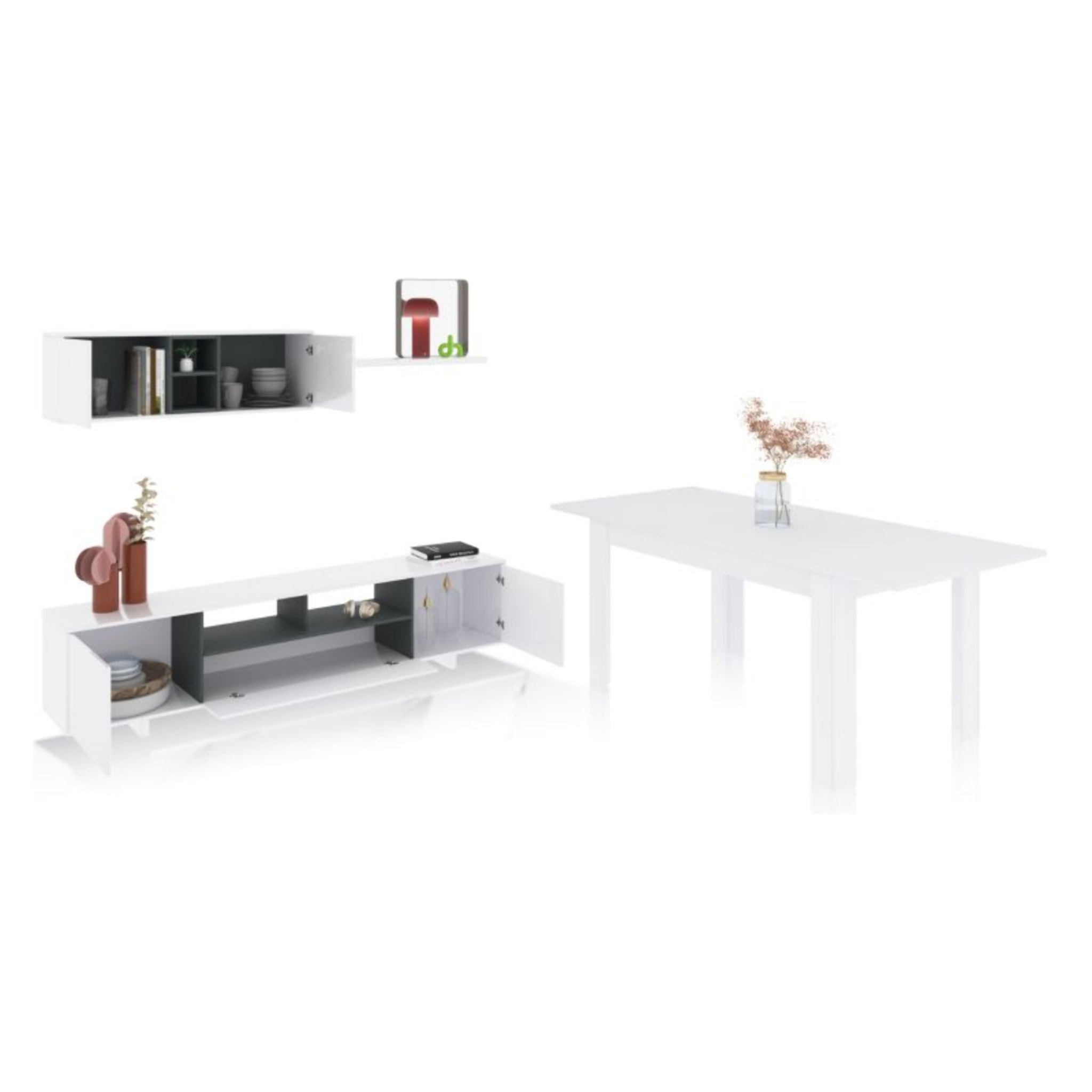 Pack salón con mesa de comedor Kenzo Plus VA Blanco Brillo - Gris Antracita