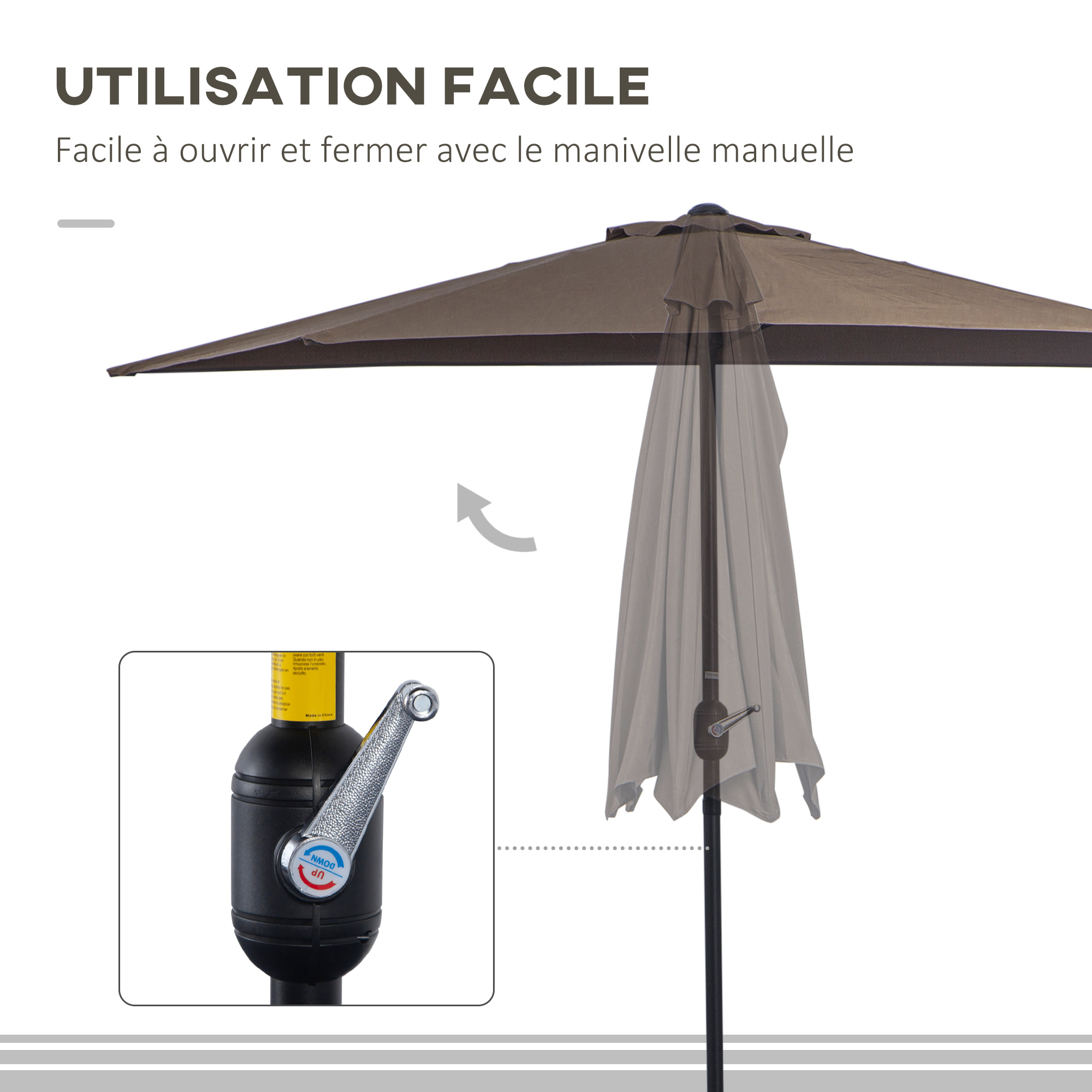 Demi parasol - parasol de balcon 5 entretoises métal polyester 2,69L x 1,38l x 2,36H m chocolat
