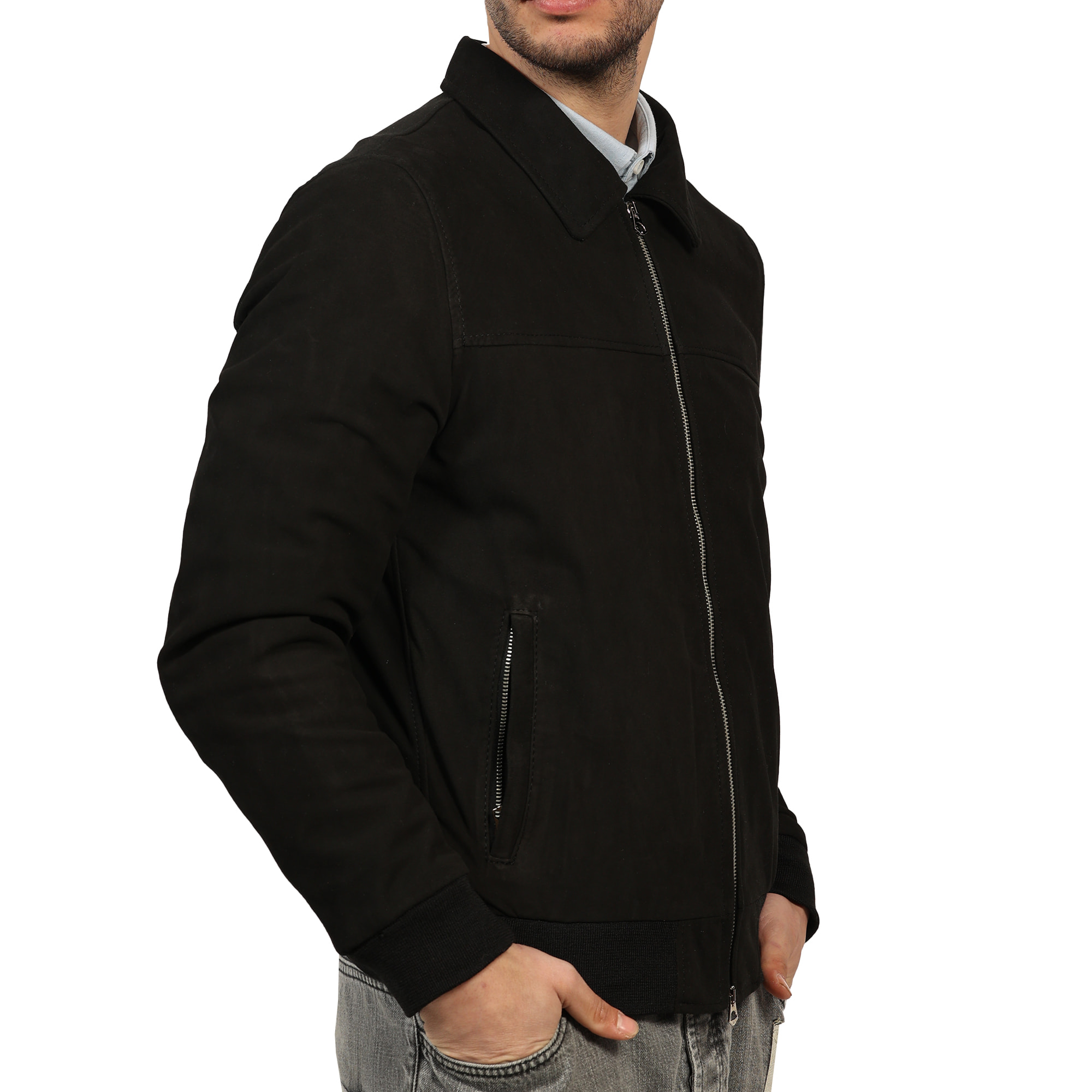 Giubbino in vera pelle di vitello scamosciata Nero-Slim Fit