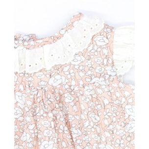 Vestido corto estampado flores rosas, tira bordada en el cuello y las sisas