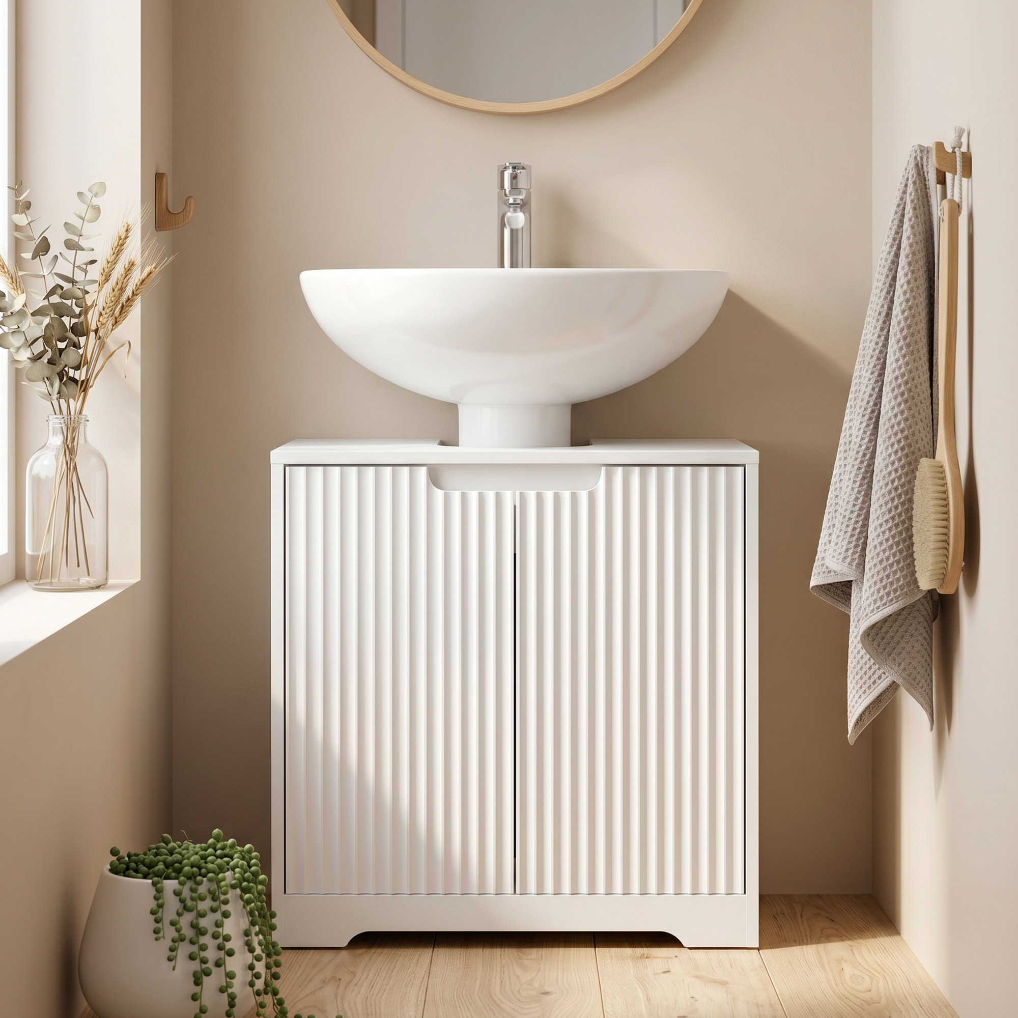Mueble Bajo Lavabo, Mueble de Baño con Puertas de Cierre Suave y Diseño Acanalado, 2 Estantes, para Lavabo con o sin Pedestal, 60x30x60 cm, Blanco