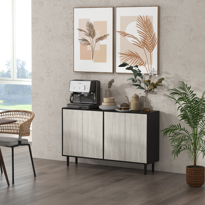 Buffet design contemporain - 4 portes, 2 étagères - dim. 121L x 37l x 75H cm - piètement effilé pin noir aspect bois gris