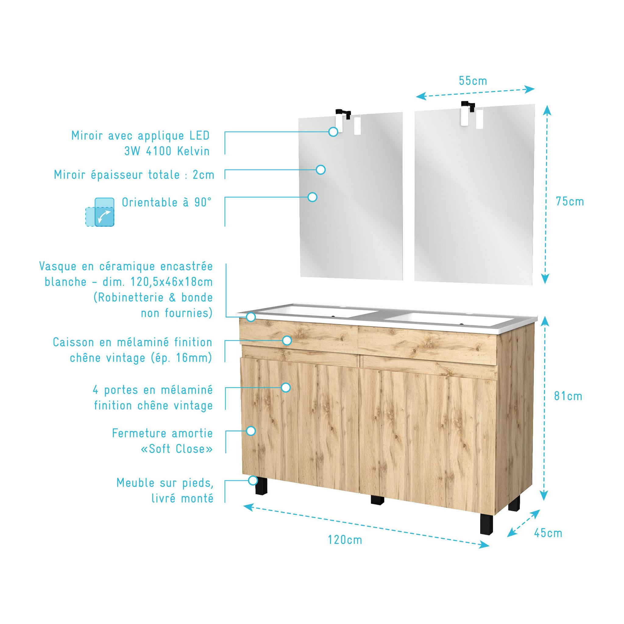 Meuble Salle de Bains 120cm 4 Portes Chêne Naturel + Vasque Blanche et Miroirs avec appliques Led