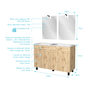 Meuble Salle de Bains 120cm 4 Portes Chêne Naturel + Vasque Blanche et Miroirs avec appliques Led