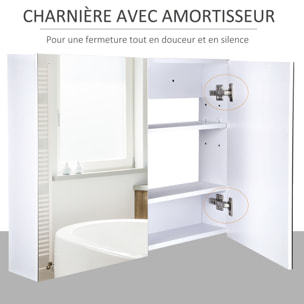 Armoire miroir de salle de bain armoire murale double portes et étagères dim. 80L x 15l x 60H cm MDF blanc