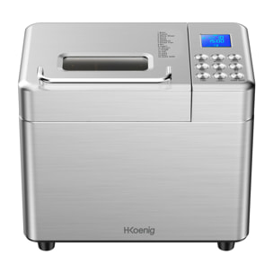 BAKE440 H.Koenig, Máquina de pan , 15 Programas, 3 Tamaños de pan, Hasta 1kg de pan, 600W, Pantalla LCD