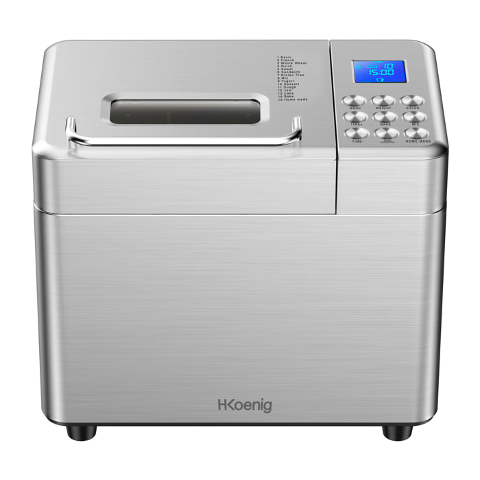 BAKE440 H.Koenig, Máquina de pan , 15 Programas, 3 Tamaños de pan, Hasta 1kg de pan, 600W, Pantalla LCD