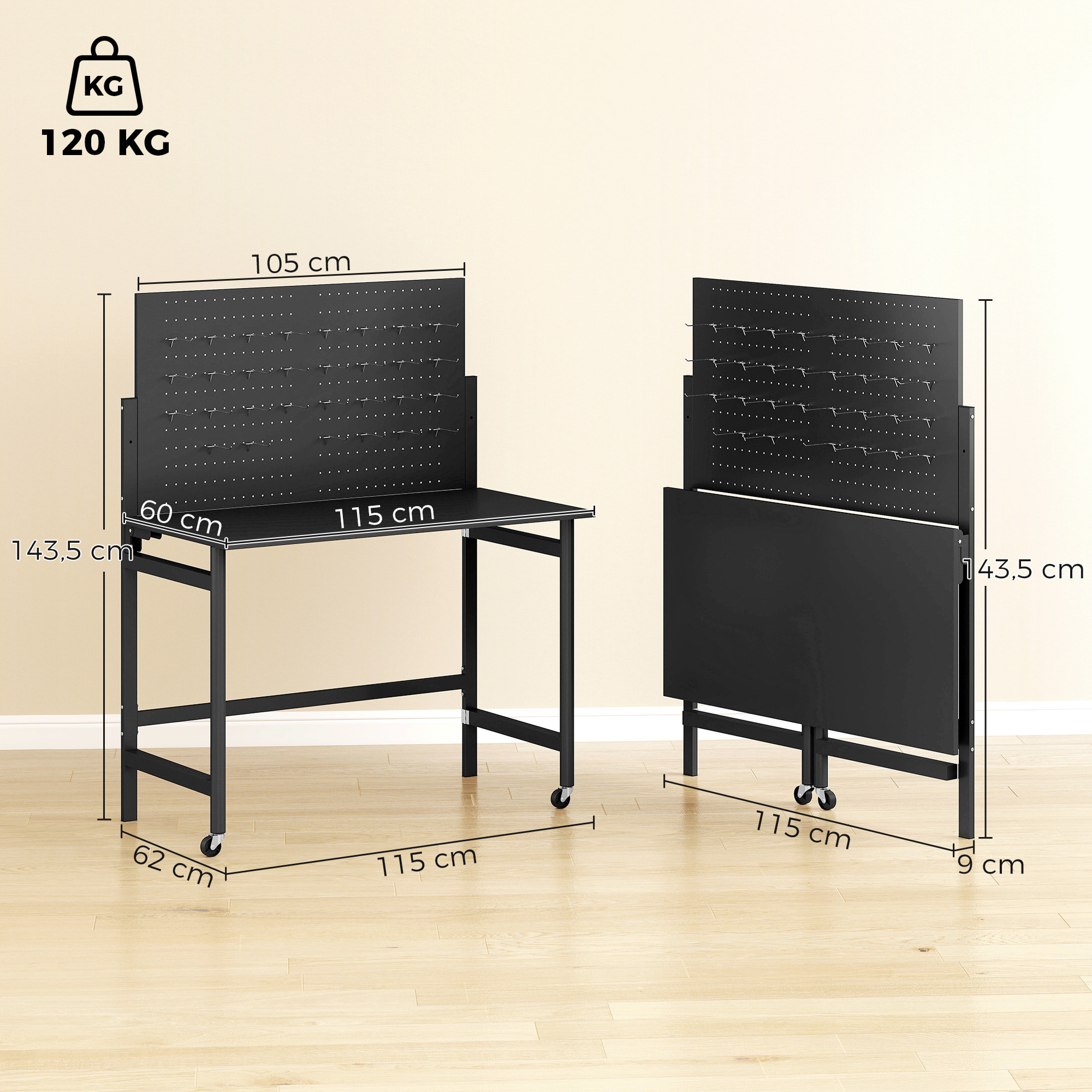 Banco de Trabajo Plegable con Tablero Perforado y Ruedas, Mesa de Trabajo Plegable con Ganchos, Marco de Acero, Banco para Garaje o Taller, 115x62x143,5 cm, Negro
