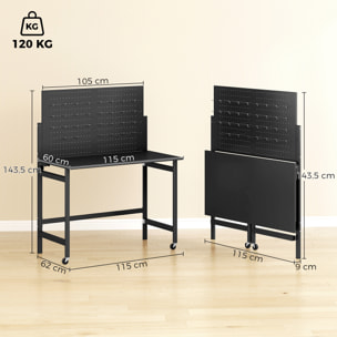 Banco de Trabajo Plegable con Tablero Perforado y Ruedas, Mesa de Trabajo Plegable con Ganchos, Marco de Acero, Banco para Garaje o Taller, 115x62x143,5 cm, Negro