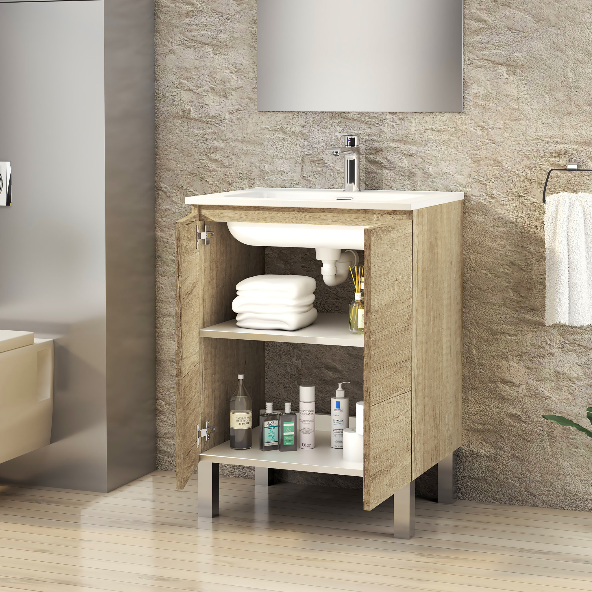 Ensemble de Salle de Bain Lust | 60 cm Nature | Deux Portes | Lavabo Encastré | N'inclut pas le Miroir | Meuble Assemblé | Alday