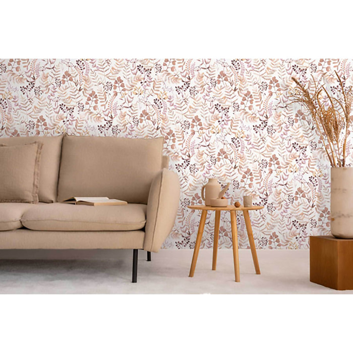 Papier peint herbier aquarelle tons rosés fond blanc