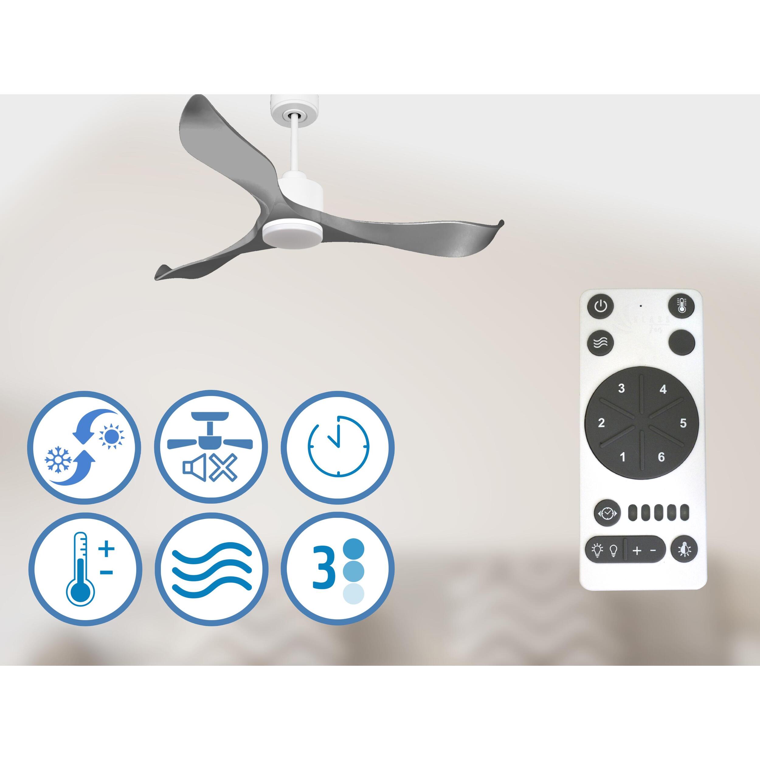 Ventilador de techo Reversible Termostato Dimable Wifi Motor DC Techos Inclinados Mando a Distancia Luz tres tonos Memoria TrawanganD132C03LED64935 PURLINE