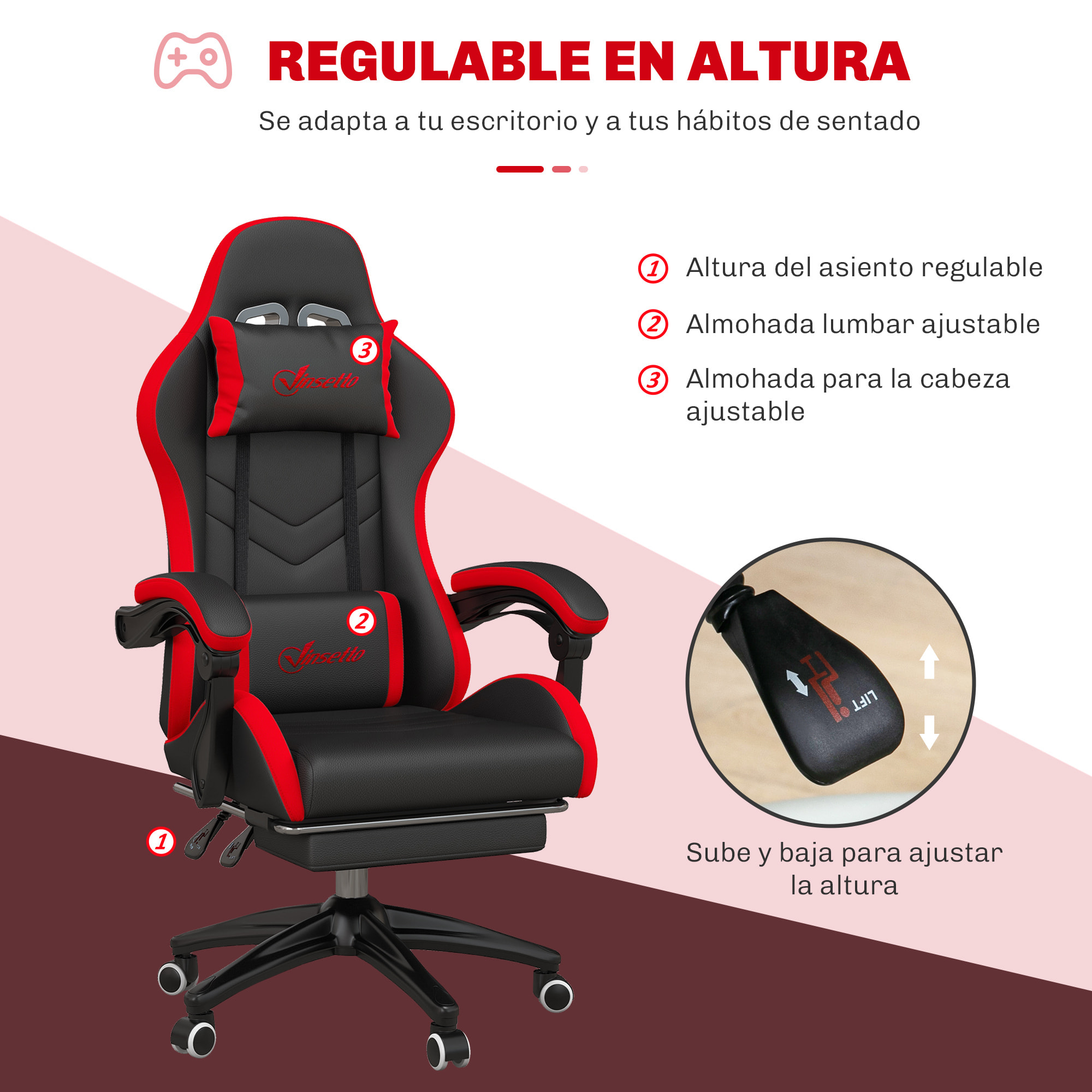 Silla Gaming Ergonómica Reclinable 135°, Silla Gamer Racing de Cuero PU con Soporte Lumbar, Altura Ajustable, Reposacabezas y Reposapiés Retráctil, para Oficina, Estudio, Negro y Rojo
