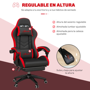 Silla Gaming Ergonómica Reclinable 135°, Silla Gamer Racing de Cuero PU con Soporte Lumbar, Altura Ajustable, Reposacabezas y Reposapiés Retráctil, para Oficina, Estudio, Negro y Rojo