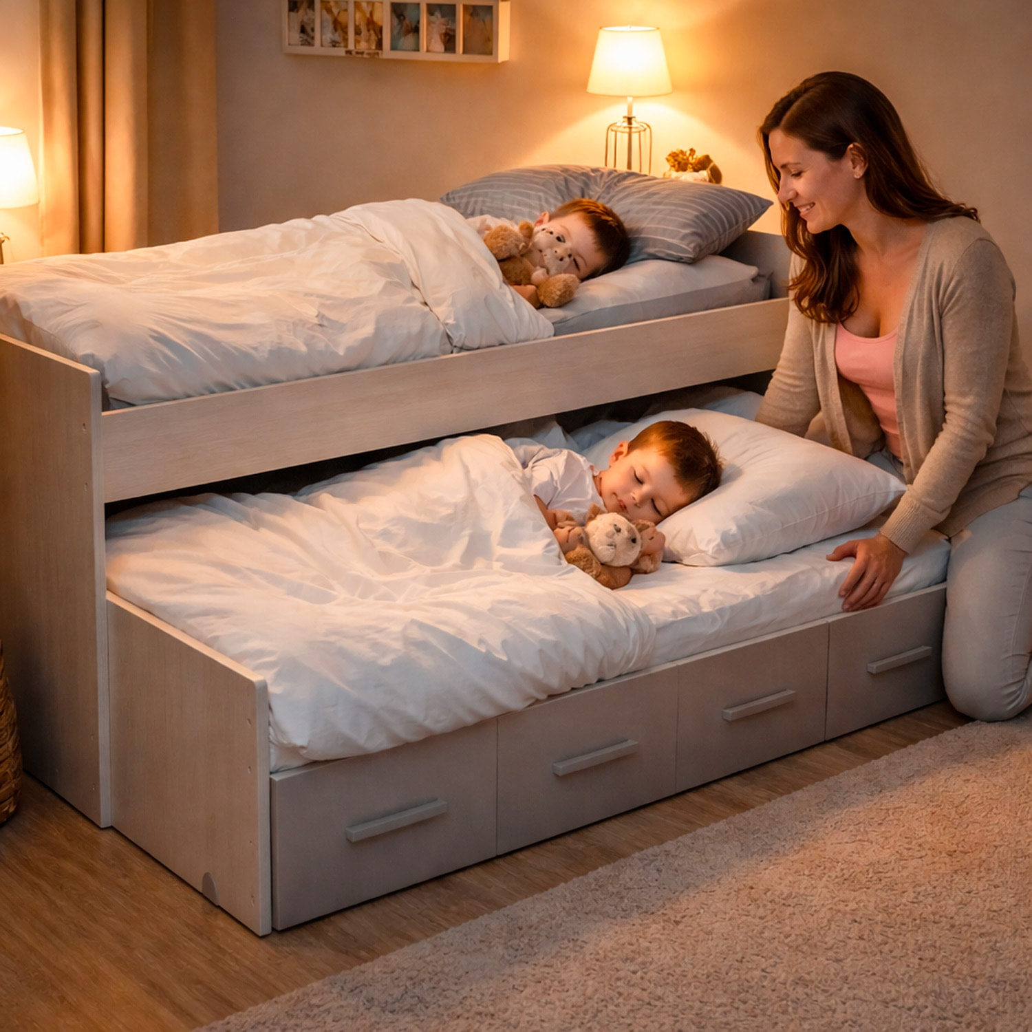 Letto A Castello Con Letto Estraibile E 2 Cassetti Contenitore Per Cameretta Bambini Ragazzi Salvaspazio 198 x 69 x 96 Cm Rovere Chiaro E Tortora