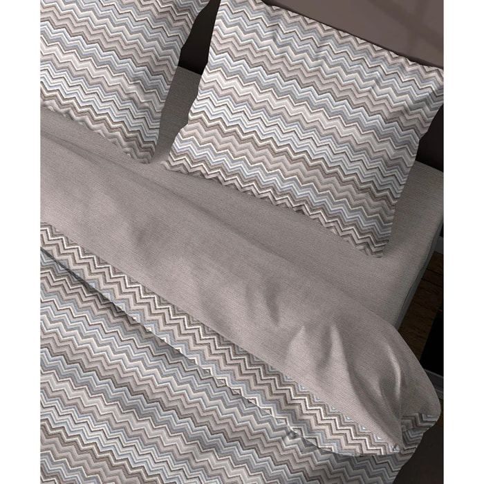 Parure Copripiumino Baia Beige per letto singolo in 100% Cotone e Made in Italy, zig zag moderno