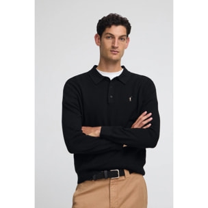 Maglione nero con colletto polo in misto lana con ricamo Rigby Go