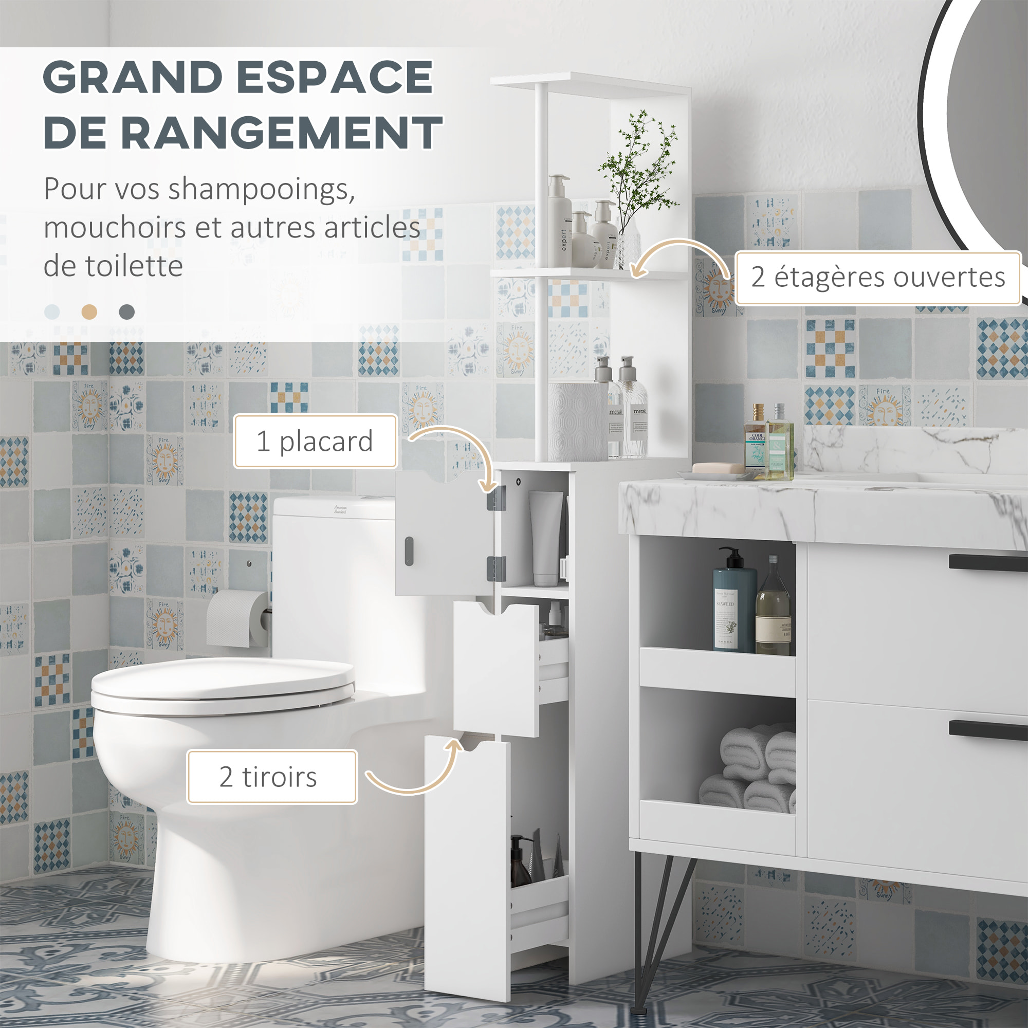 Colonne salle de bain style contemporain - 2 tiroirs, 2 étagères, porte - MDF métal blanc